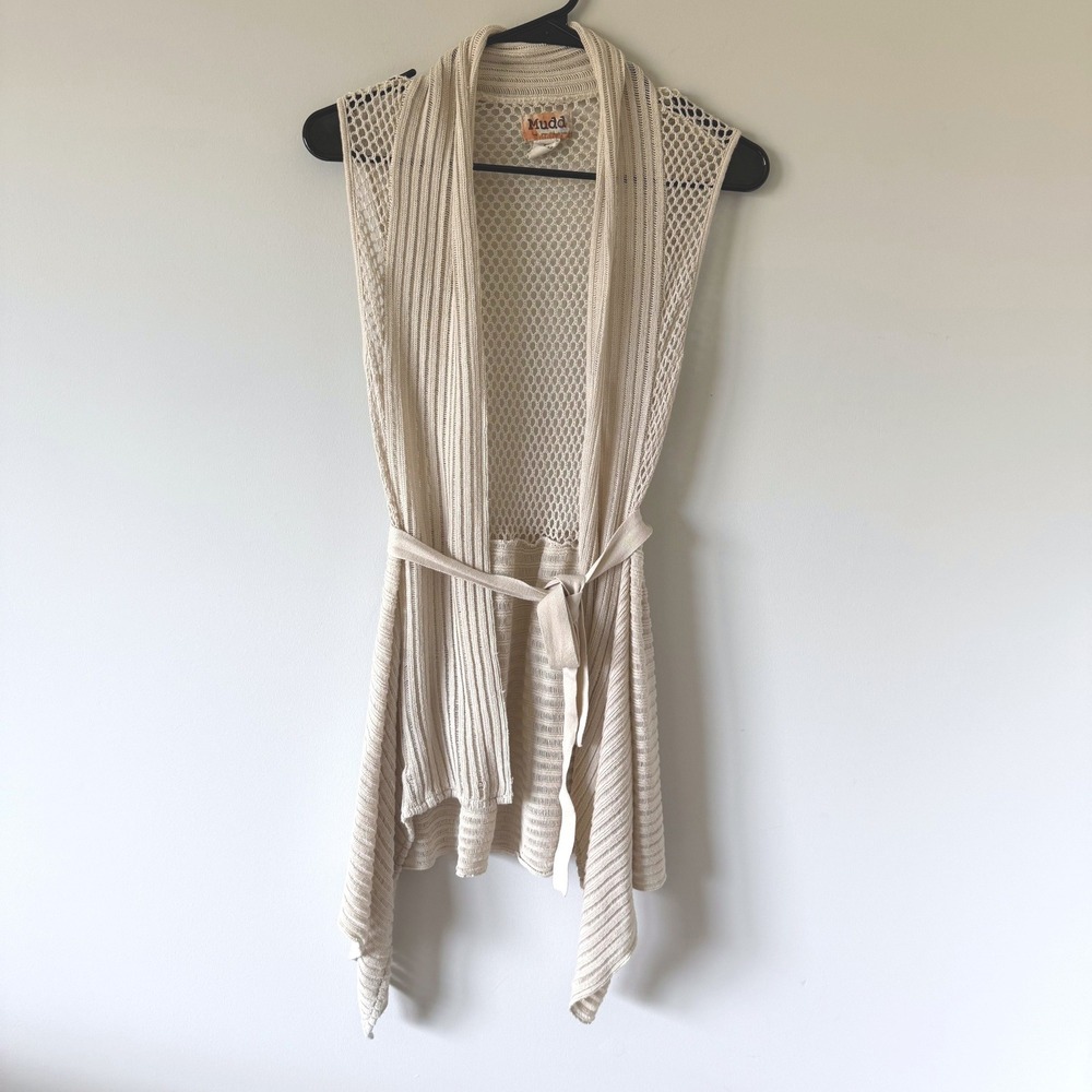 Mudd Beige Knit Sleeveless Cardigan Vest Tie Waist Crochet Mesh Back XL Y2K Boho